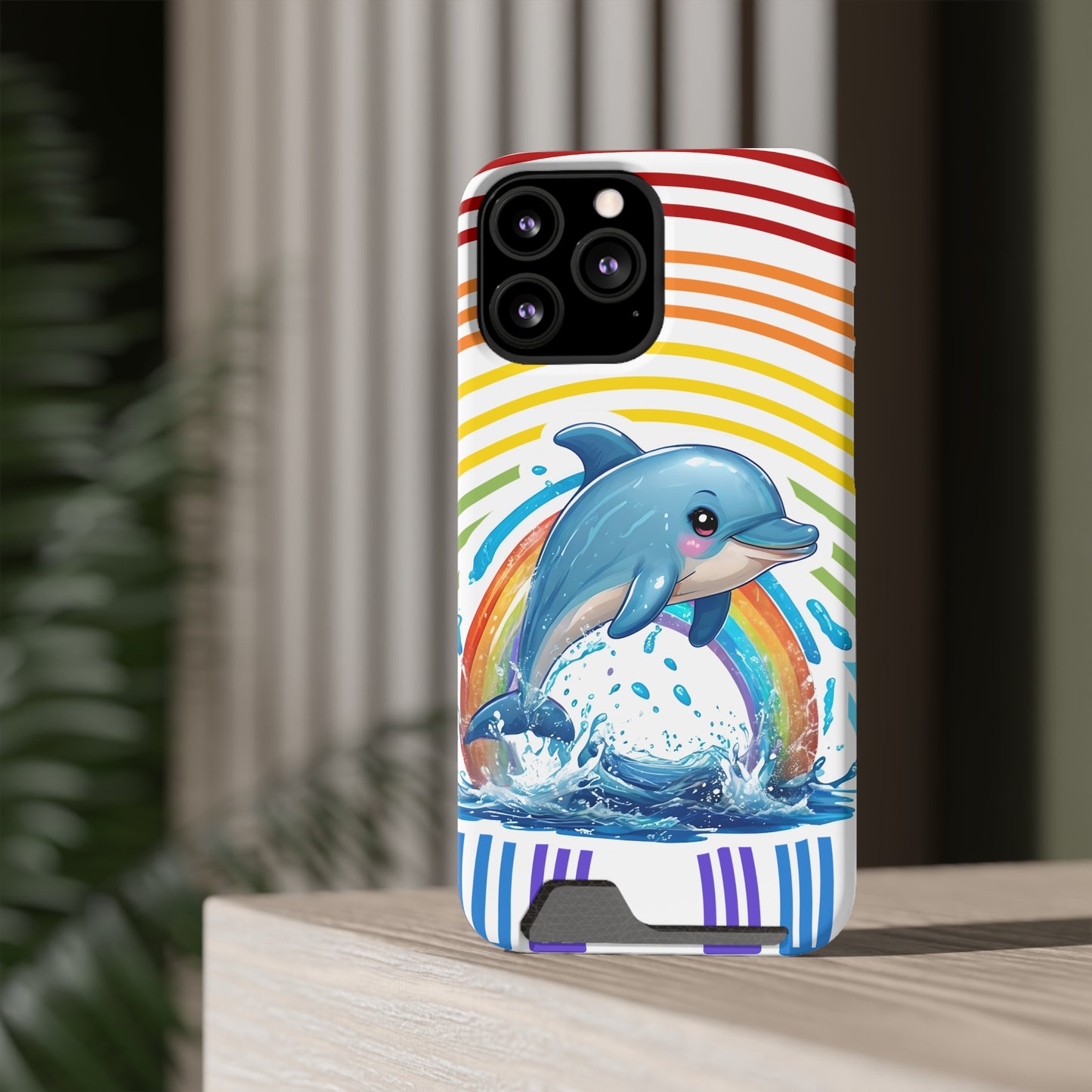 Rainbow Dolphin Phone Case with Card Holder - Fun & Functional Design