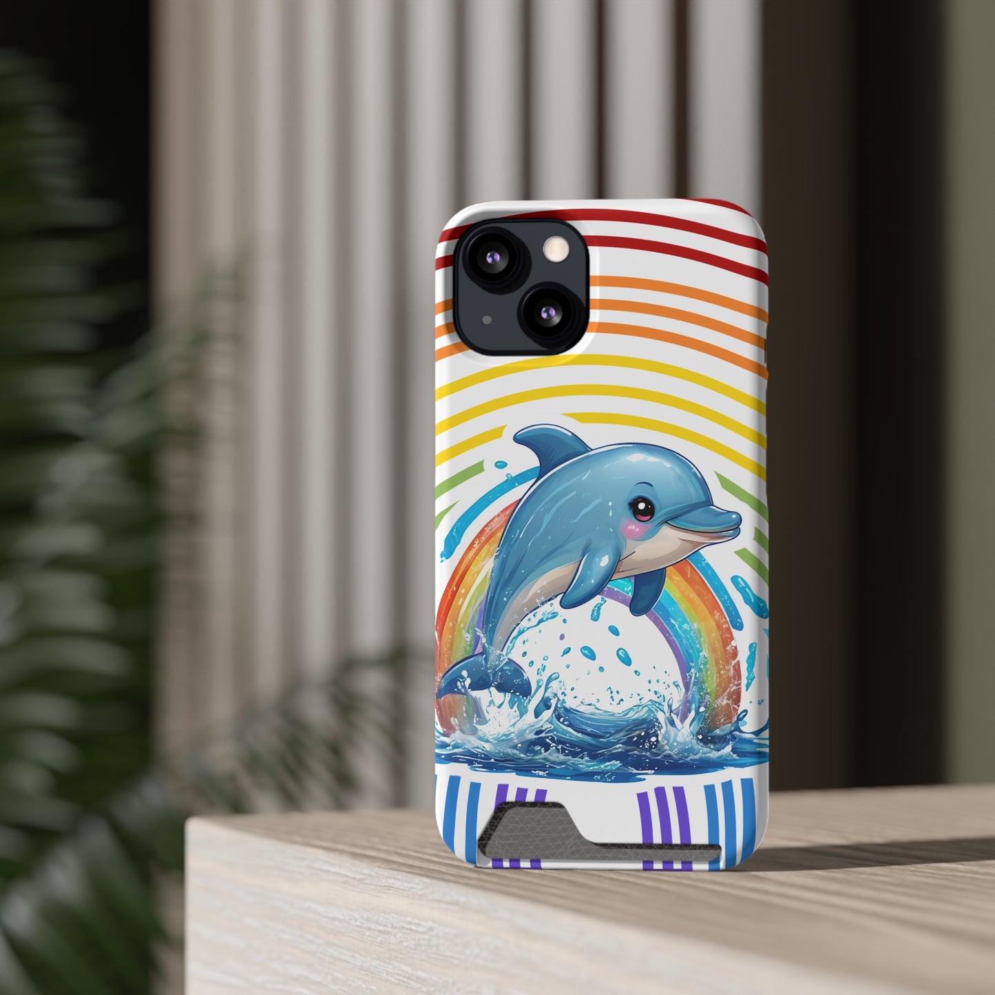 Rainbow Dolphin Phone Case with Card Holder - Fun & Functional Design