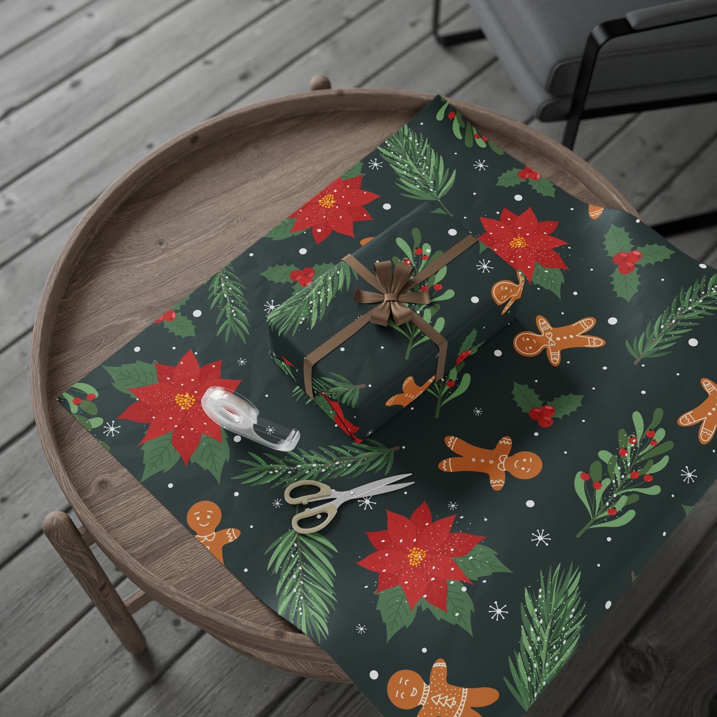 Wrapping Paper - Whimsical Holiday Ginger Bread Men and Holly Leaves