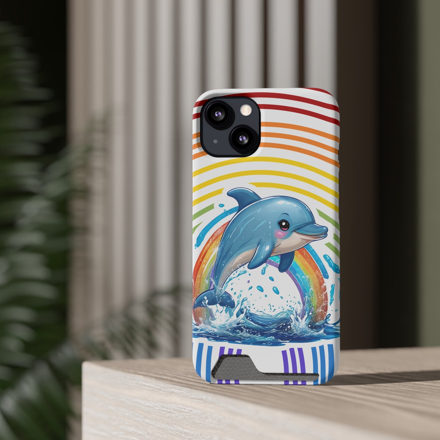 Rainbow Dolphin Phone Case with Card Holder - Fun & Functional Design