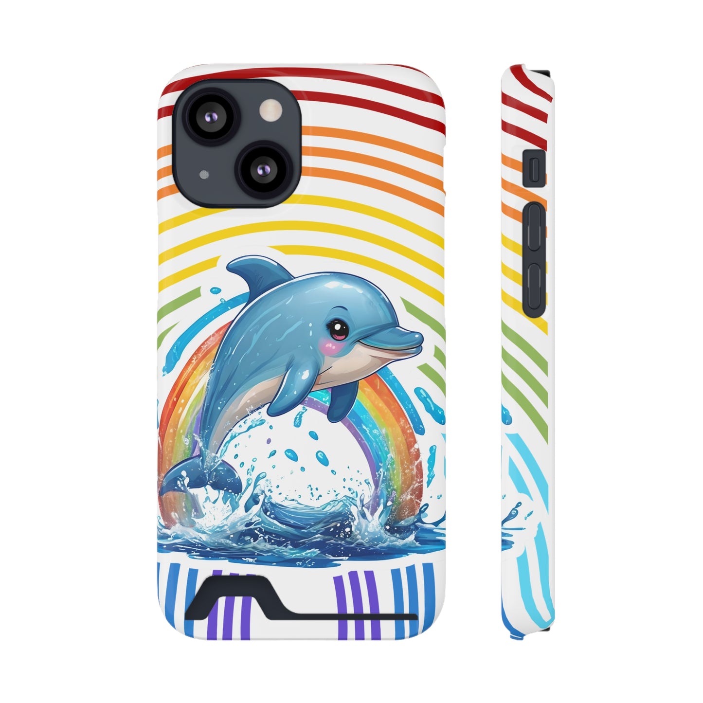 Rainbow Dolphin Phone Case with Card Holder - Fun & Functional Design