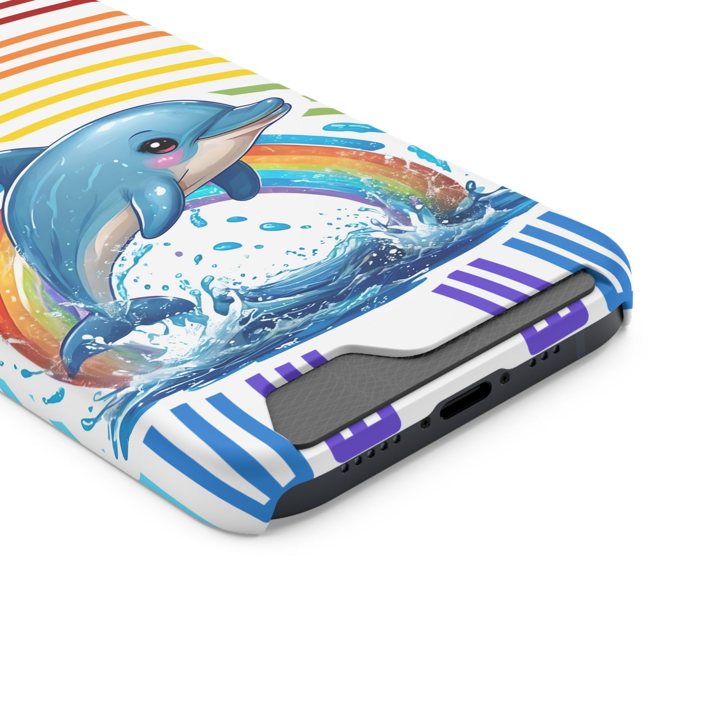 Rainbow Dolphin Phone Case with Card Holder - Fun & Functional Design