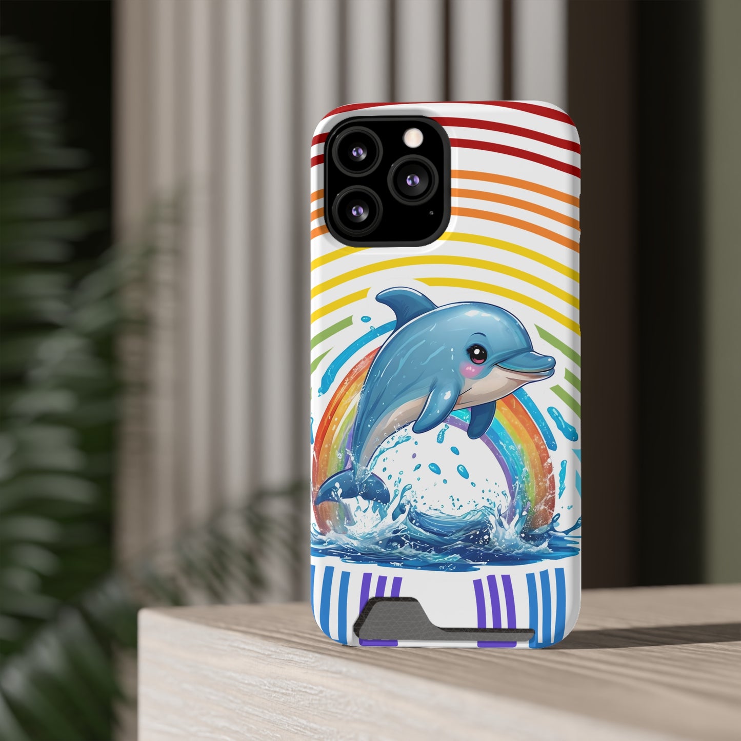 Rainbow Dolphin Phone Case with Card Holder - Fun & Functional Design