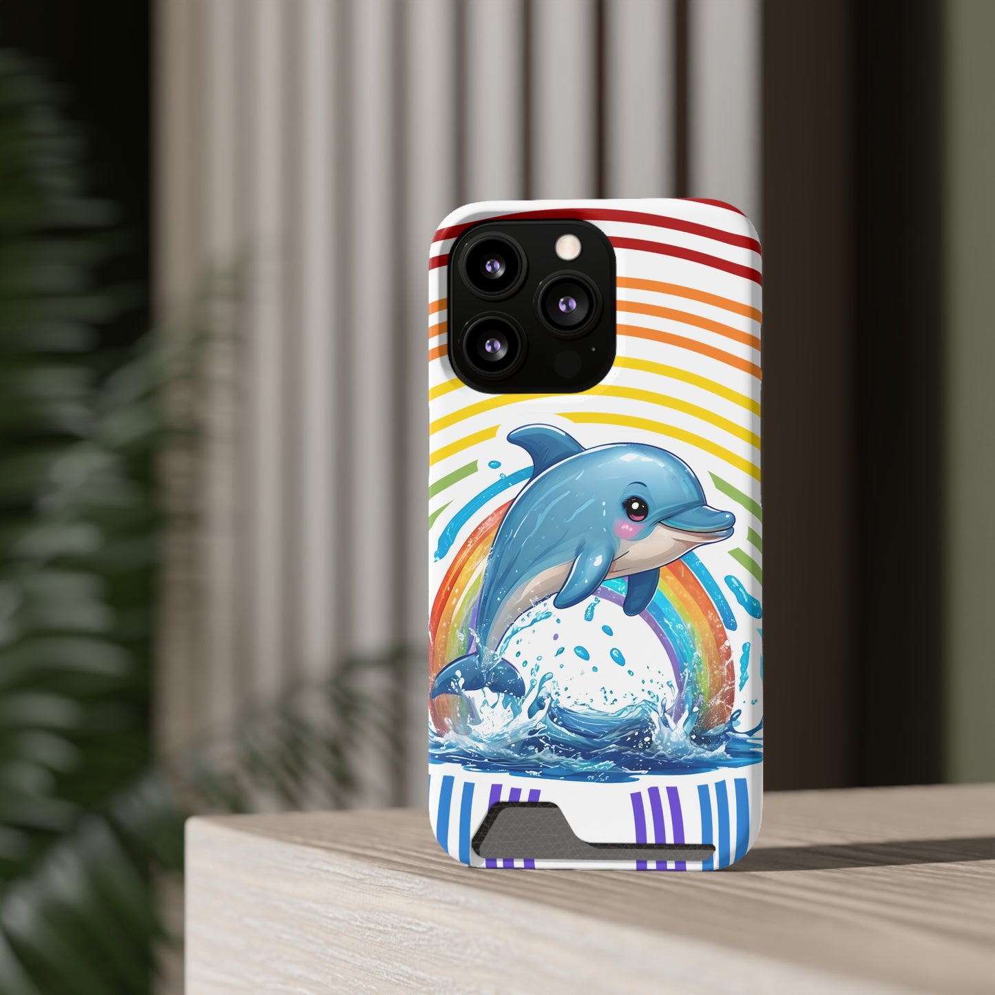 Rainbow Dolphin Phone Case with Card Holder - Fun & Functional Design