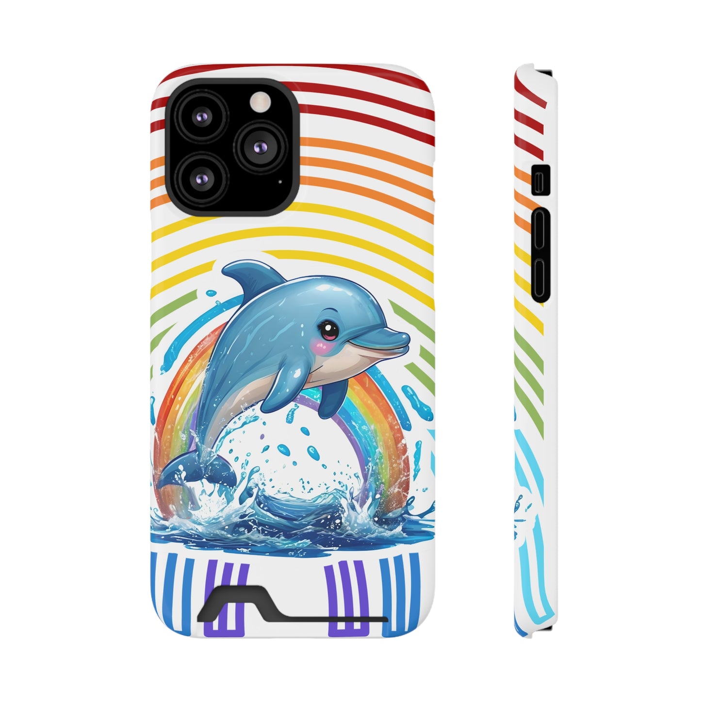 Rainbow Dolphin Phone Case with Card Holder - Fun & Functional Design
