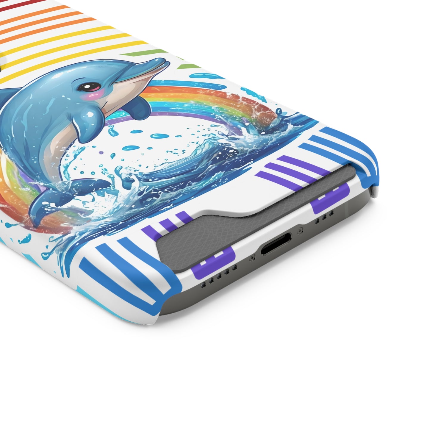 Rainbow Dolphin Phone Case with Card Holder - Fun & Functional Design