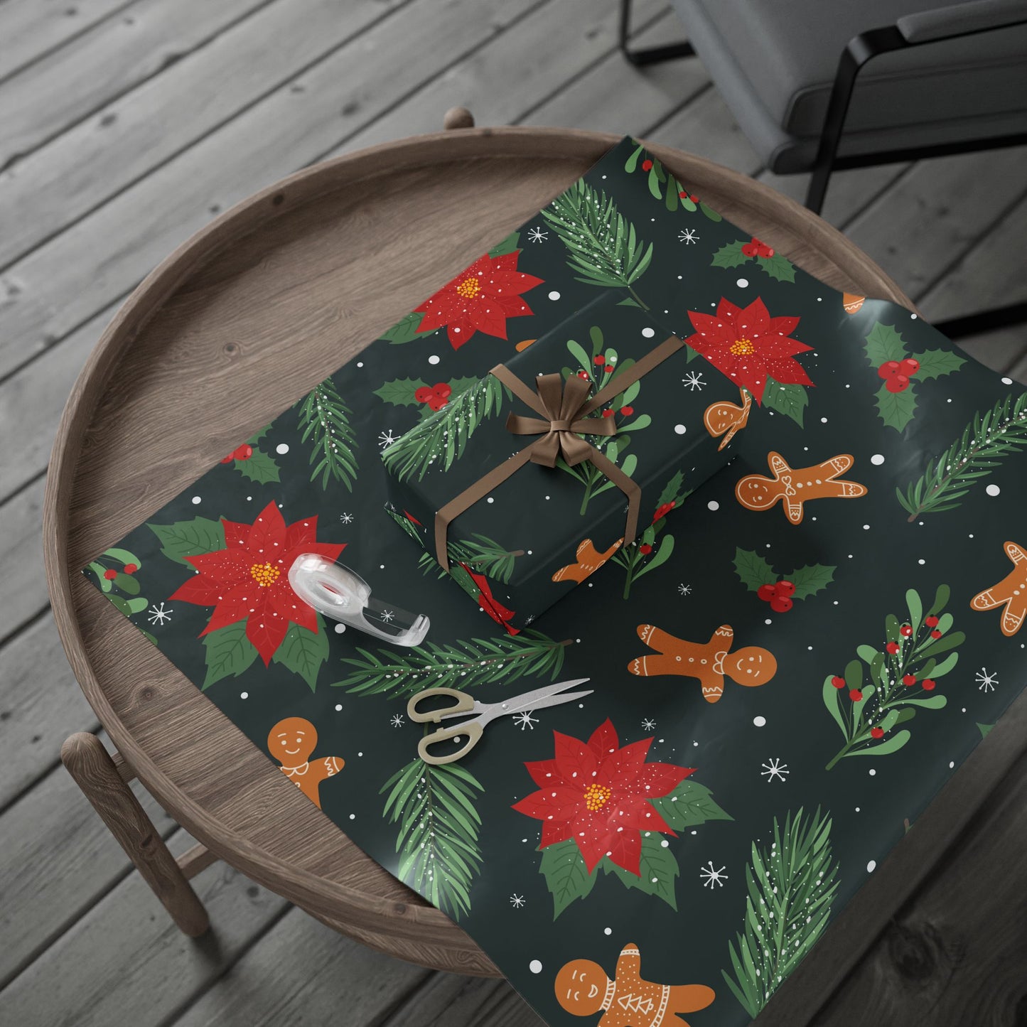 Wrapping Paper - Whimsical Holiday Ginger Bread Men and Holly Leaves