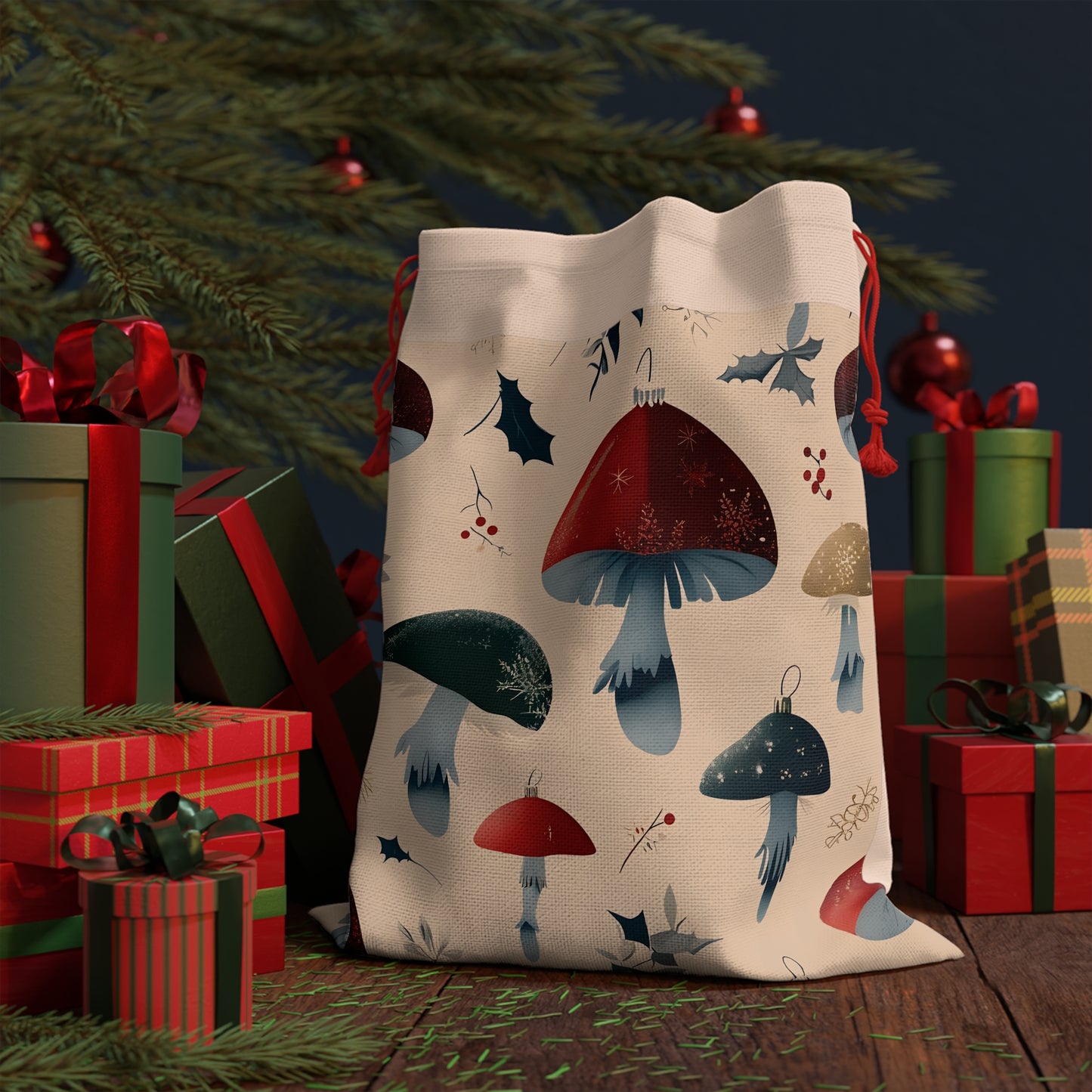 Christmas Forest Mushrooms Fabric Gift Bag