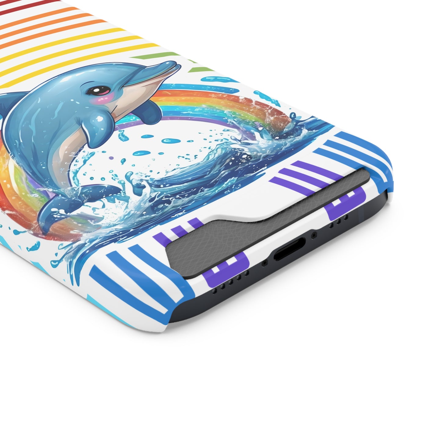 Rainbow Dolphin Phone Case with Card Holder - Fun & Functional Design