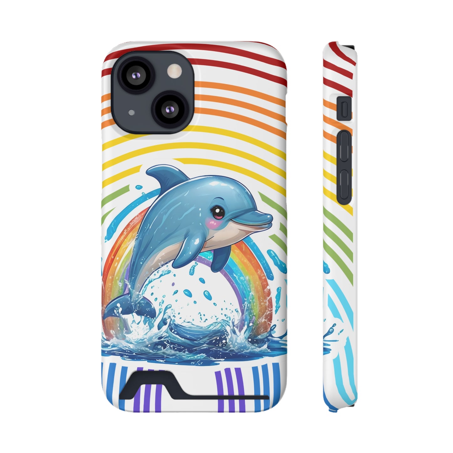 Rainbow Dolphin Phone Case with Card Holder - Fun & Functional Design