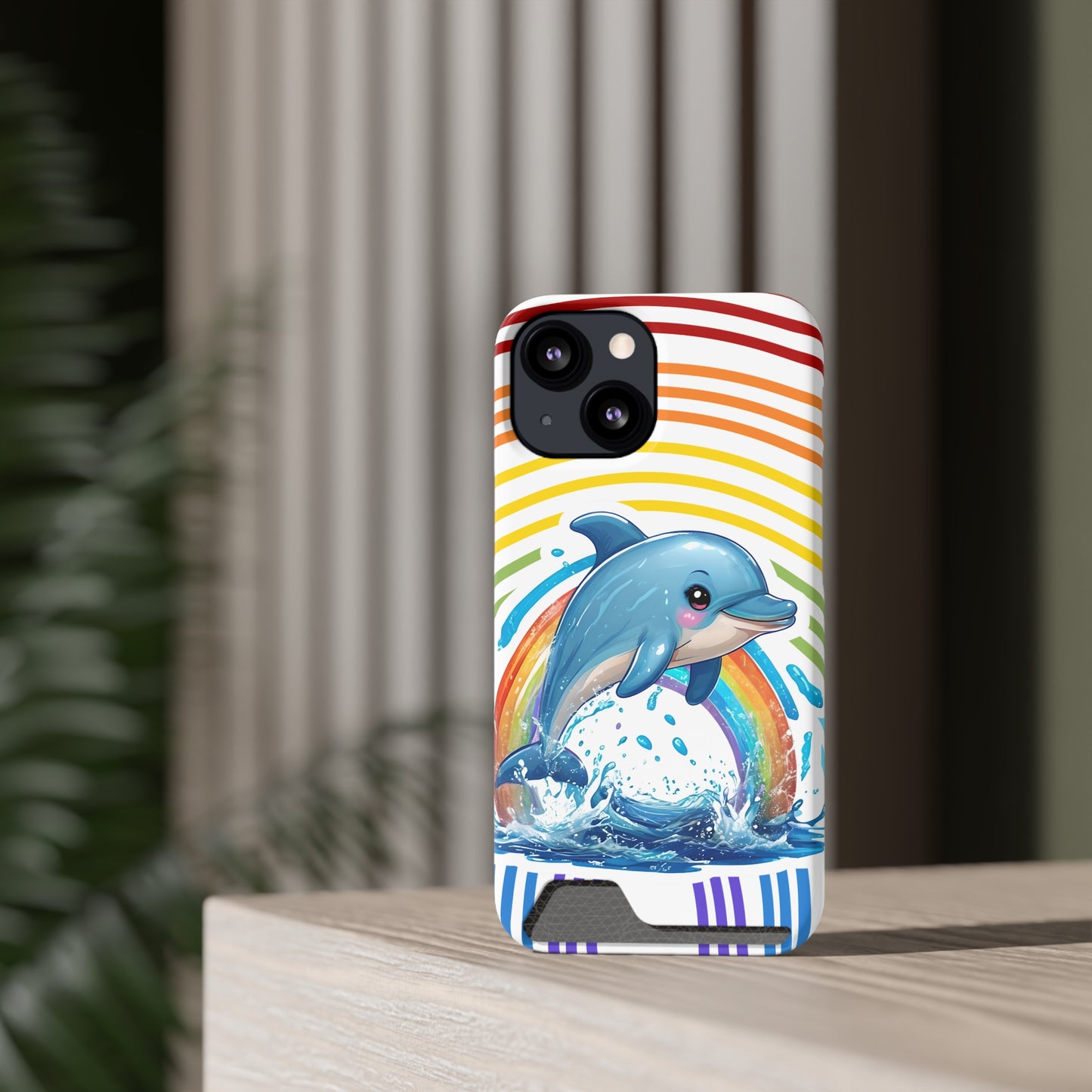 Rainbow Dolphin Phone Case with Card Holder - Fun & Functional Design