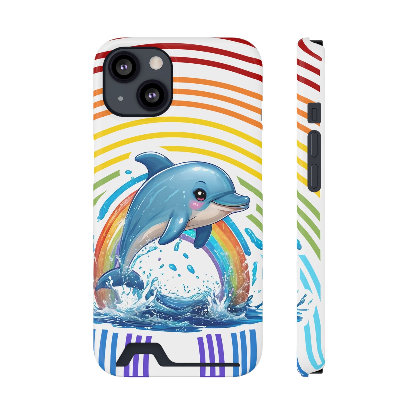 Rainbow Dolphin Phone Case with Card Holder - Fun & Functional Design