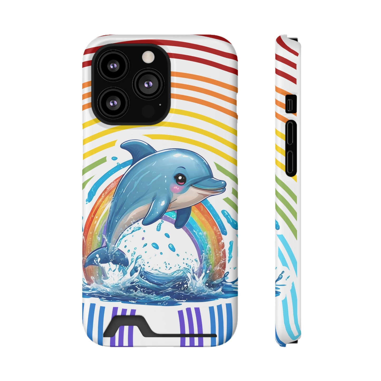 Rainbow Dolphin Phone Case with Card Holder - Fun & Functional Design