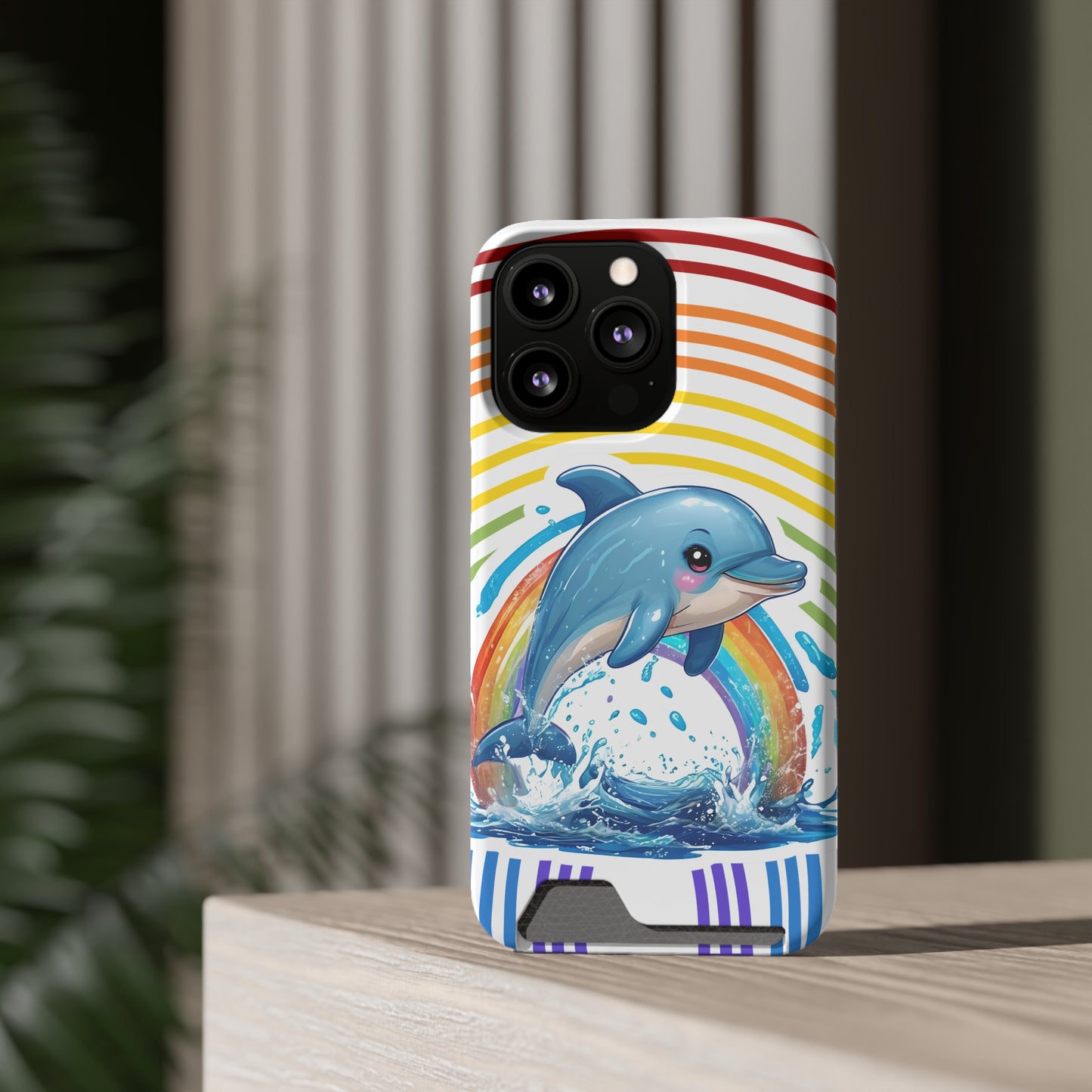 Rainbow Dolphin Phone Case with Card Holder - Fun & Functional Design