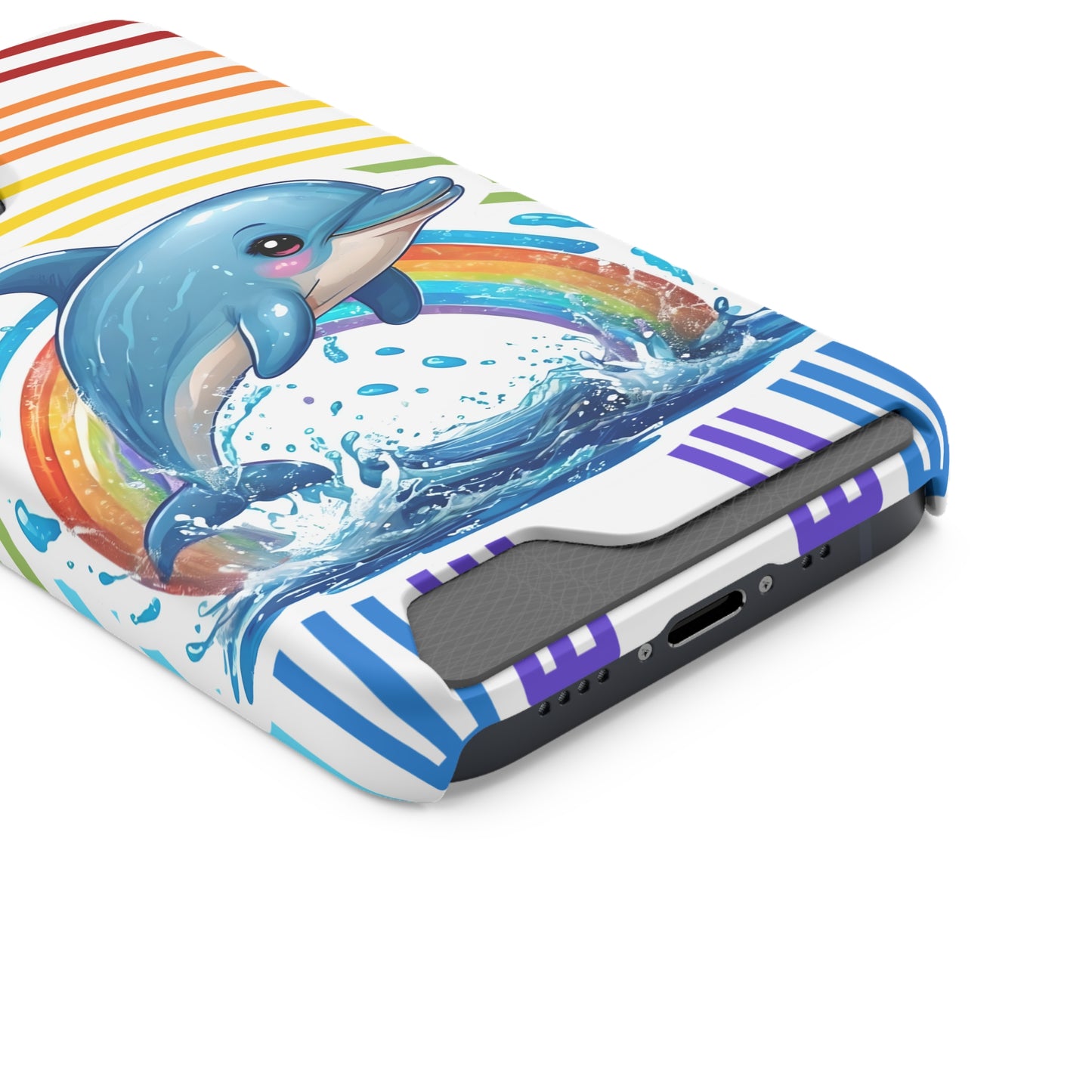 Rainbow Dolphin Phone Case with Card Holder - Fun & Functional Design
