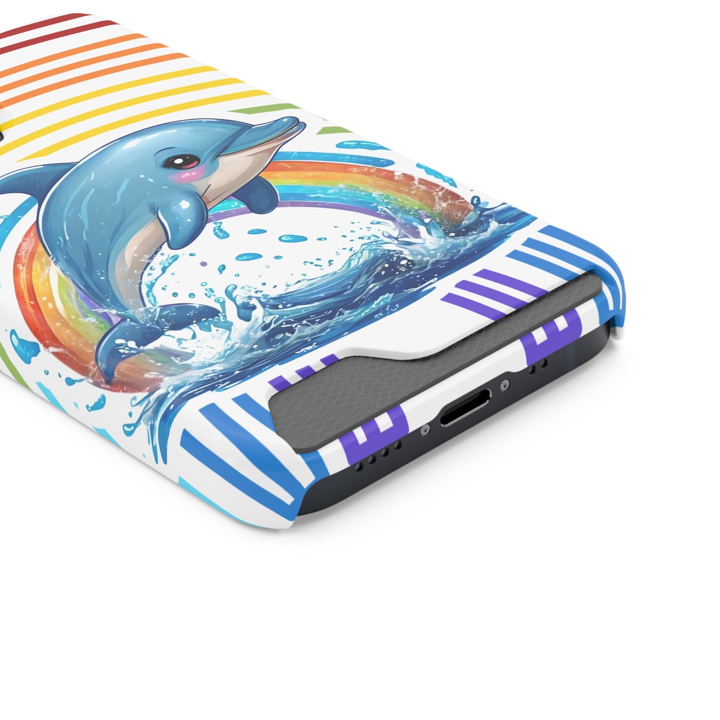 Rainbow Dolphin Phone Case with Card Holder - Fun & Functional Design