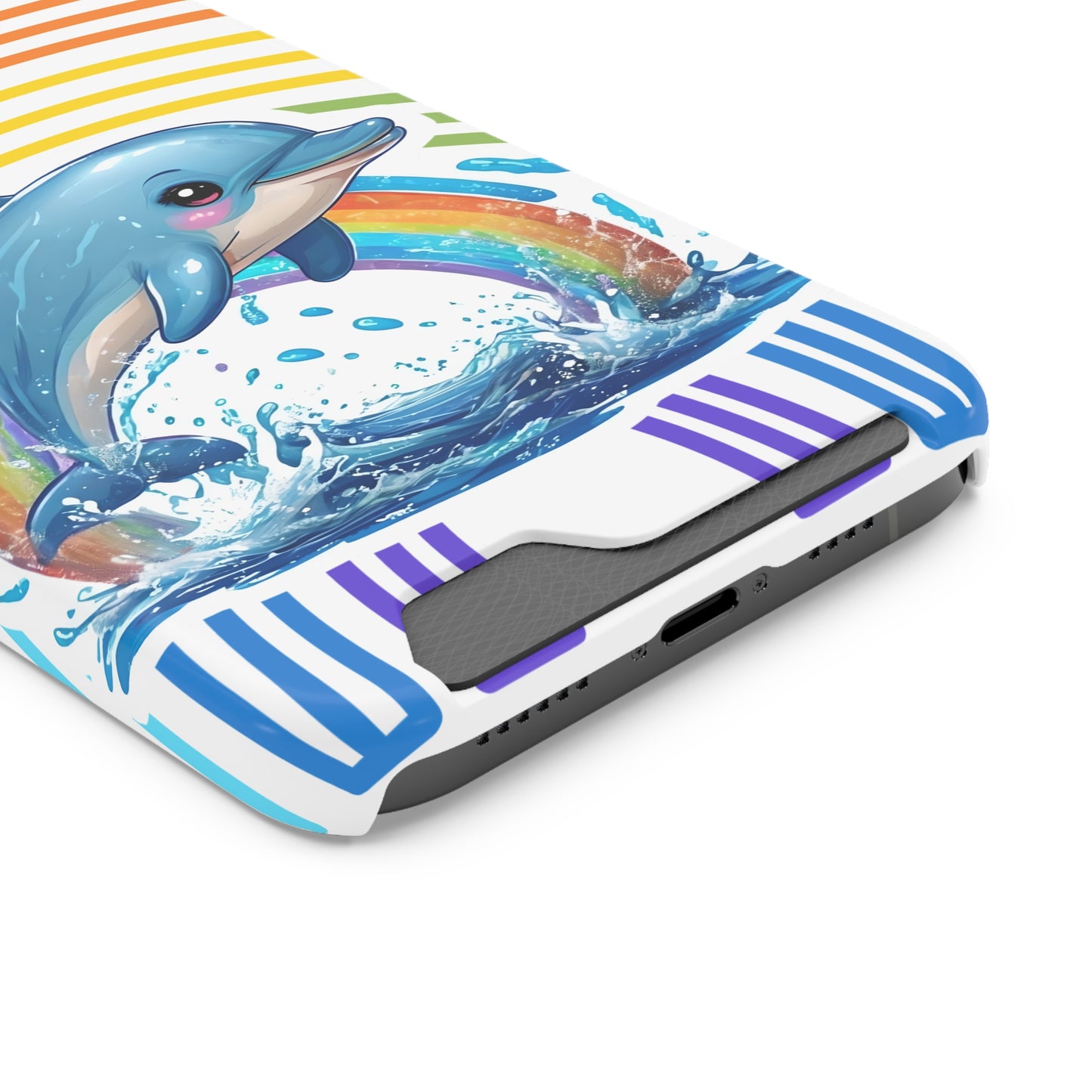 Rainbow Dolphin Phone Case with Card Holder - Fun & Functional Design