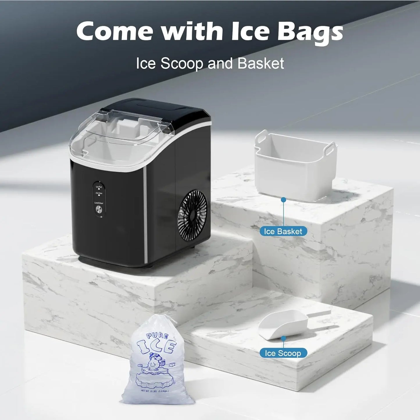 Nugget Ice Maker Countertop, Portable Crushed Sonic Ice Machine, Self Cleaning Ice Makers with One-Click Operation Soft Chewable